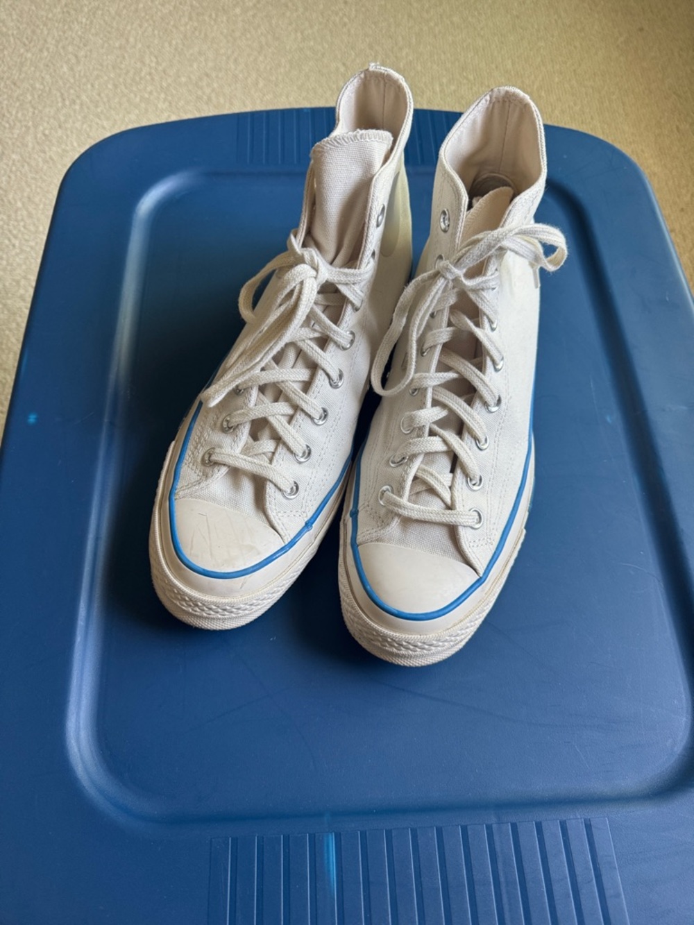 Converse All Star High-Top Canvas Sneakers in Off-White with Blue Trim